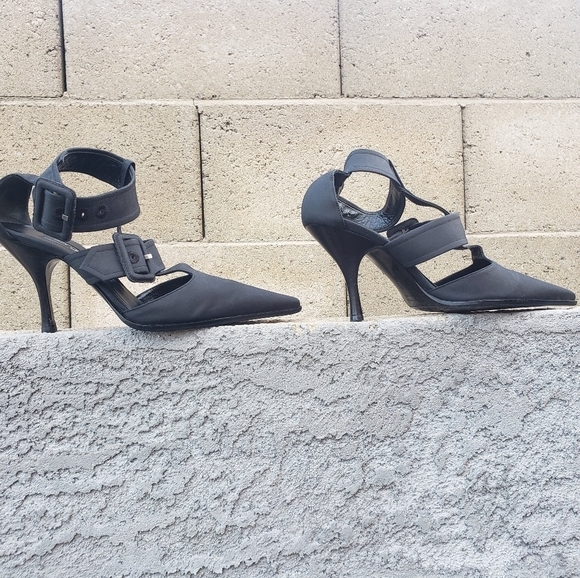 SERGIO ROSSI Black Fabric Double Buckle‎ Ankle STRAP Sandals Heels - Picture 2 of 13